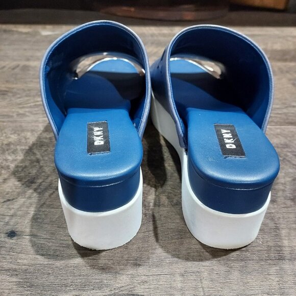 Slip On Sandles DKNY Leather Mules Blue White Chunky Heel Women USA7.5 EU38 UK 5 - Picture 4 of 8